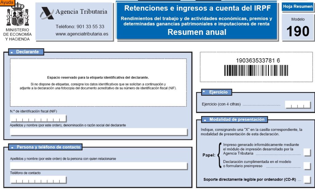 MODELO 190. Declaración Resumen Anual De Retenciones E Ingresos A ...